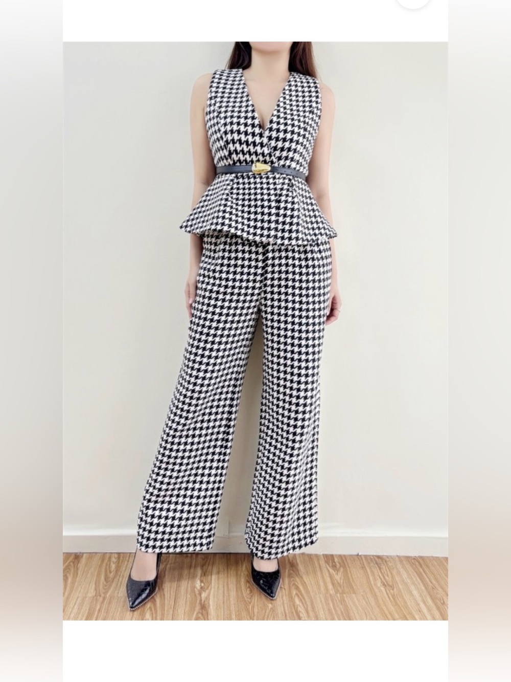 Houndstooth Wide-Leg Pant and Vest-Top with Peplum Waist - Black & White